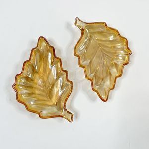 Set of 2 Colored Glass Leaf Trinket Dishes